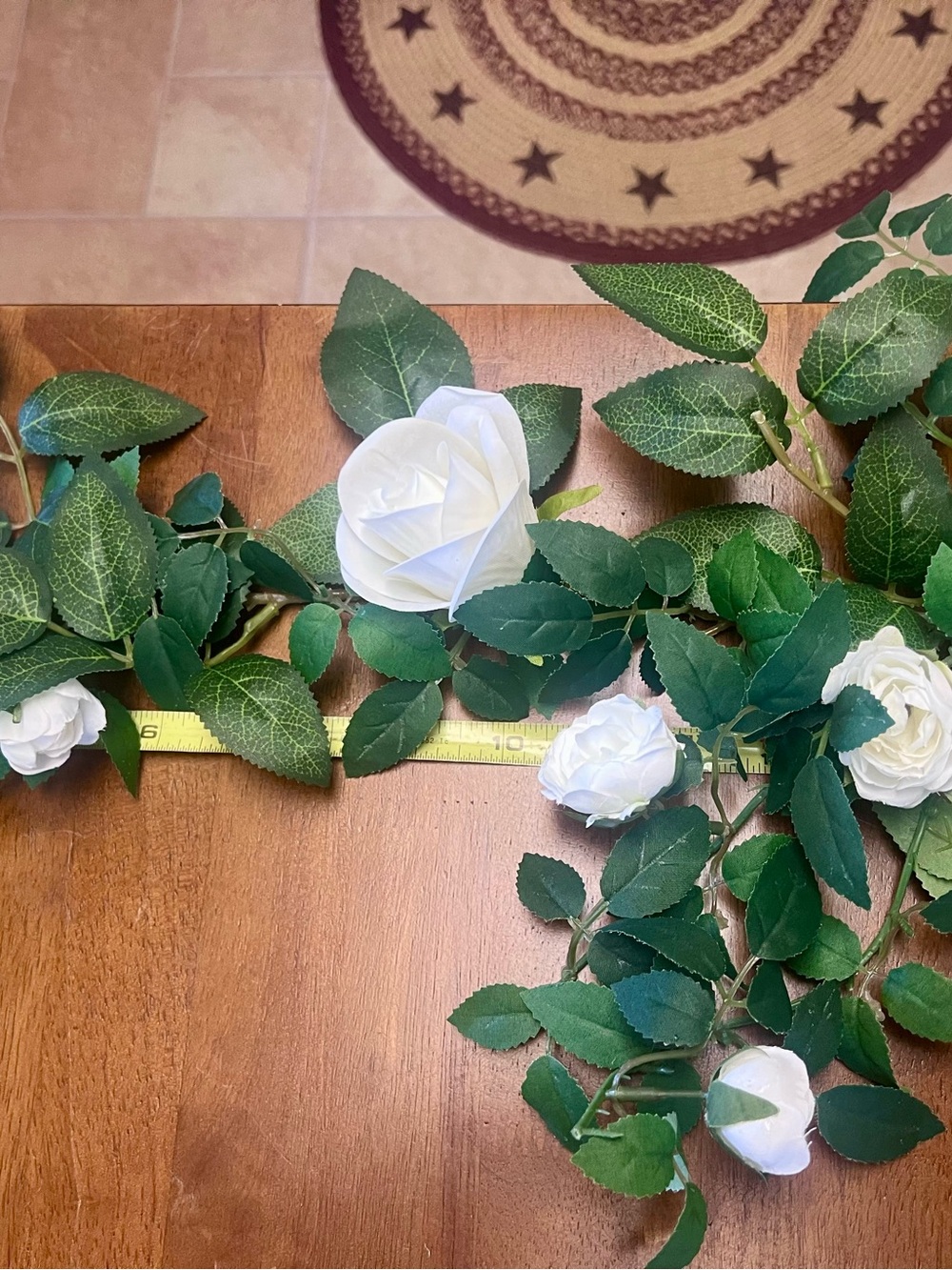 White Artificial Rose Garland with Green Leaves
